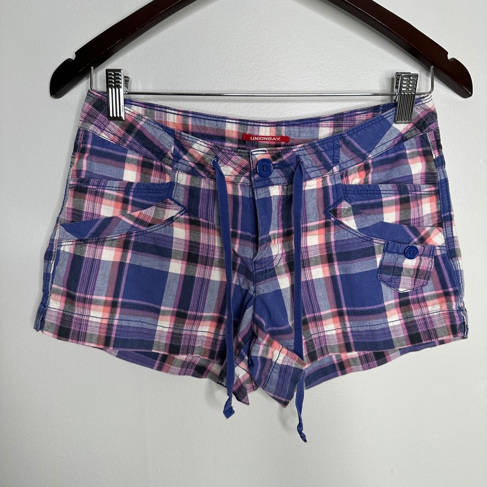 Unionbay Plaid Shorts Women Size‎ 1 Blue Pink Excellent Y2K Low Rise Cotton